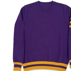 Pull en tricot pour homme à col en V violet avec rayures jaunes, taille personnalisée, logo, manches longues, couleur unie, vêtement d'automne - Product Image 2