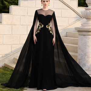 Robe maxi à manches cape |   Robe de soirée longue en satin de luxe |   Robe de gala sophistiquée à col haut et coupe modeste |   Robe Capelet - Product Image 1