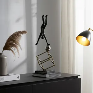 Sculpture contemporaine en bronze, figure humaine en équilibre sur sphère, base géométrique plaquée or, décoration d'intérieur, œuvre d'art, 19 pouces - Product Image 6