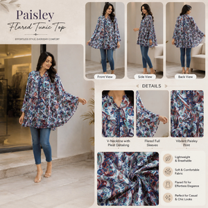 Túnica de Seda Premium con Estampado Paisley para Mujer, Cuello en V |   Detales plisados, mangas largas, tela ligera ecológica, natural - Product Image 3