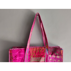 Bolsa de Mano de Algodón con Paneles Rosas y Bordado, Estilo Bohemio, Abierta por Arriba, para Compras - Product Image 2