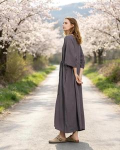 Premium Grey O-Neck Plain Maxi Linen <b>Dress</b> With Tie Front Drop Shoulder <b>Loose</b> Fit Casual Summer Solid Color <b>dress</b> For Women - Product Image 5