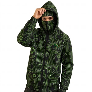 Sudadera con capucha y cremallera NEXTEX unisex con diseño de circuito impreso, color negro y verde neón, con máscara facial estilo ninja. - Product Image 1