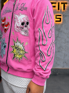 Custom <b>Pink</b> Rhinestone Graphic Zip <b>Hoodie</b> Unisex Regular Fit Formal 100% Cotton Eco-Friendly Breathable Flame Skull Heart - Product Image 3