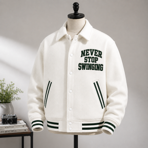Men's White Varsity Jacket Breathable Stand Collar 100% Cotton <b>Covered</b> <b>Button</b> Closure Embroidered Never Stop Swinging Preppy - Product Image 3