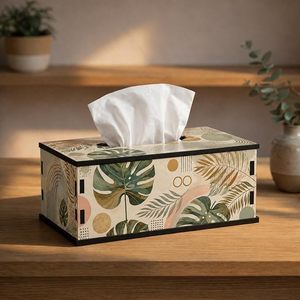 Aqdus Saleem - Cubierta para Caja de Pañuelos y Servilletas de Cartón Corrugado con Diseño de Hojas Impresas Contemporáneo para Decoración del Hogar y Escritorio - Product Image 1