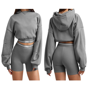 Women's Custom Logo Windbreaker Crop <b>Top</b> <b>Short</b> <b>Sets</b> Casual Two-Piece Summer Wear with Hooded Collar - Product Image 2