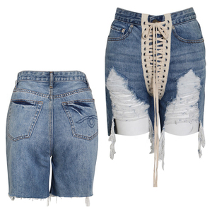 Saleh Enterprises Women Vintage <b>Stretch</b> <b>Denim</b> Shorts High Waist Distressed Ripped Belt Button Casual Summer Beach Wear Bulk Sale - Product Image 1