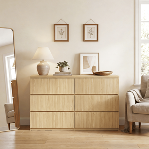 Modern Natural Wood <b>6</b>-<b>Drawer</b> Dresser with Wave Panel Fronts Versatile Storage Cabinet for Bedroom & Living for Baby Organization - Product Image 5