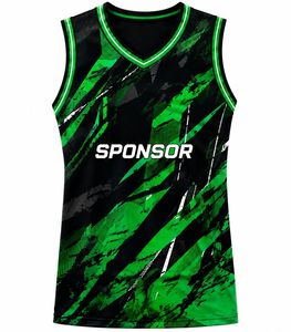 Maillot de basketball personnalisé sublimé pour homme, sans manches, col en V, anti-humidité, polyester/coton, imprimé vert et noir, coupe classique - Product Image 1