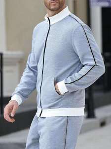 Ensemble survêtement homme 2 pièces en molleton gris clair à rayures blanches, col bomber zippé - Product Image 4