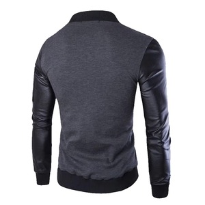 Charcoal Grey Black Leather Sleeve Bomber <b>Jacket</b> Premium Zip Front Casual Outerwear Manufacturer - Product Image 4