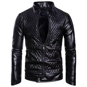 Chaqueta de Moto para Hombre de Cuero Genuino Transpirable, Cuello Alto, Acolchada, Cierre de Cremallera Frontal, Corte Ajustado, Largo Regular, Color Negro Sólido, Estilo Urbano - Product Image 2