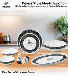 Service de table de luxe 29 pièces en porcelaine fine – Blanc classique avec bordure texturée noire élégante et motif cheval - Product Image 3