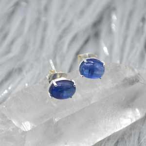 Kyanite <b>Stud</b> <b>Earrings</b> Sterling Silver Minimalist Oval <b>Blue</b> Gemstone Handmade Jewelry Gift For Women - Product Image 4