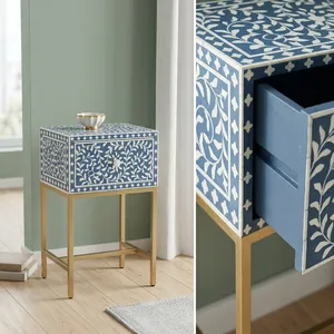 Decorative Modern Handmade <b>Wooden</b> <b>Coffee</b> <b>Table</b> with Blue White Floral Inlay and Gold Metal <b>Legs</b> Single Drawer - Product Image 4