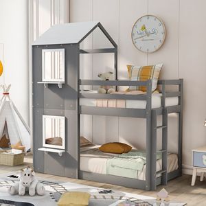 Letto a Castello in Legno Bianco con Finestra sul Tetto, Ringhiera e Scala per Cameretta Bambini - Product Image 1