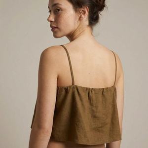 Women Brown Linen Crop Top Sleeveless <b>Spaghetti</b> <b>Strap</b> Loose Fit Summer Casual Camisole - Product Image 2