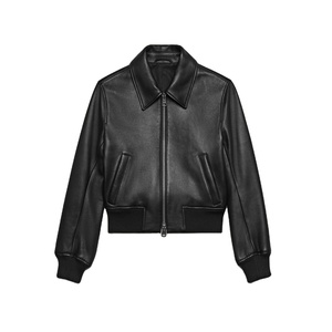 Blouson aviateur en cuir noir pour homme, col rabattu, fermeture éclair, style motard, couleur unie, manches classiques, pour l'automne - Product Image 1