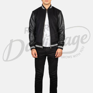 Veste varsity en laine noire pour homme avec manches en cuir véritable et poignets côtelés rayés, veste bomber premium de style Letterman - Product Image 3