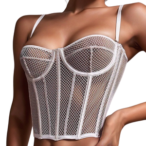 Corset bustier en résille blanche avec bretelles spaghetti, décolleté cœur, robe moulante de club, haut de lingerie sexy translucide - Product Image 2