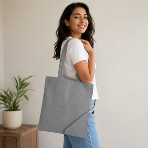 Recycled Cotton <b>Foldable</b> Shopping <b>Bag</b> 225 GSM Grey Self Handle Custom Logo Wholesale OEM Grocery Tote Manufacturer Exporter - Product Image 2
