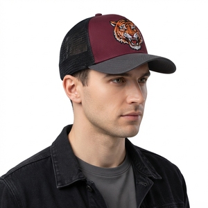 Casquette de baseball pour homme, bordeaux, style trucker, broderie tigre, dos en maille noire, fermeture snapback, logo personnalisé - Product Image 2