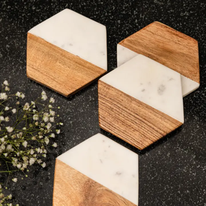 Marble Acacia Wood Coaster Mats Pads Premium Quality Stone Marble Coaster Mats Non-Slip Stone <b>Table</b> Pads Set - Product Image 5