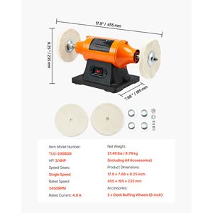 Lucidatrice da banco 220V 3/4HP 8 pollici 3450RPM a velocità singola con 2 ruote in tessuto - Product Image 4