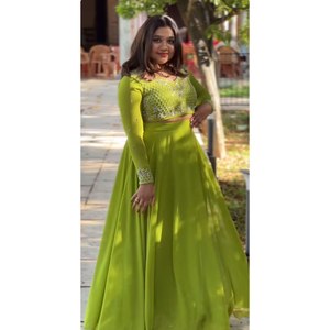 DISEÑADOR GEORGETTE BORDADO SECUENCIA TRABAJO LEHENGA CHOLI CON DUPATTA LORO VERDE - Product Image 1