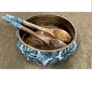 Bol à salade et à mélanger en bois fait main avec motif imprimé émaillé pour la cuisine et la salle à manger, bol décoratif en bois de manguier pour fruits - Product Image 3