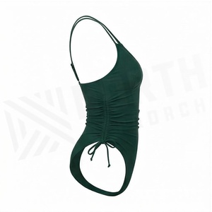 Traje de baño de una pieza con cuello en V profundo para mujer, con lazo lateral y tirantes halter, traje de baño elástico verde liso - Product Image 3