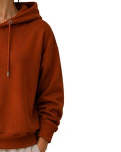 เสื้อฮู้ดดี้โอเวอร์ไซส์สีน้ำตาลสนิมสำหรับผู้หญิง ผ้าฝ้ายฟลีซเรียบง่าย สวมหัว มีฮู้ด สไตล์มินิมอลลำลอง สตรีทแวร์ ทรงหลวมไหล่ตก - Product Image 4