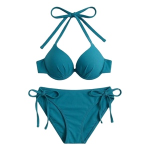 Ensemble de maillot de bain bikini deux pièces taille haute pour femme, nouvelle tendance, couleur unie, avec armatures et push-up, vente en gros - Product Image 1