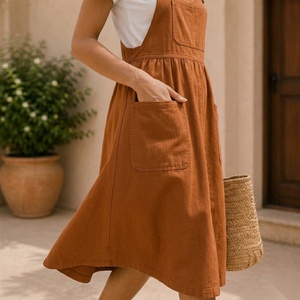 Robe midi tablier marron avec poches plaquées, taille élastique, coupe trapèze, décontractée, pour le printemps - Product Image 3