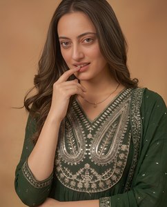 Ensemble Anarkali Salwar Kameez en mousseline de soie verte brodée de fleurs, tenue de fête pour femmes, tenue modeste avec dupatta - Product Image 4