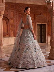 Elegant Light Blue Organza Traditional Bridesmaid <b>Lehenga</b> Beaded Embroidery V-Neck Crop Top Three Quarter Sleeve A-Line - Product Image 3