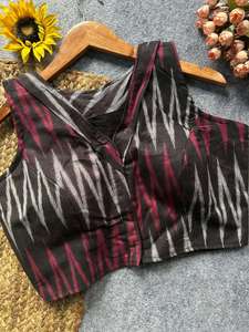 Designer Ikkat Handloom Cotton Print With Fancy Botton Boat Neck And Front Hook Open Style <b>Readymade</b> <b>Blouse</b> - Product Image 1