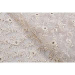 Tissu en maille métallique teignable blanc avec broderie florale, filet de 40 pouces de large, style Chanderi à sequins dorés, vendu au mètre - Product Image 1