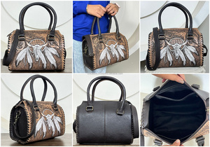 Bolso de Viaje de Cuero Personalizado con Diseño Tribal de Calavera de Toro, Bolso de Mano Mediano de Cuero Vacuno, Bolso de Viaje Unisex - Product Image 3