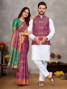 Stylish Jacquard <b>Silk</b> Koti With Cotton <b>Kurta</b> Pant And Traditional Saree For Couples - Product Image 3