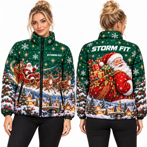 Veste matelassée de Noël rouge pour femme, style Père Noël, en tissu satiné, impression par sublimation, fermeture éclair avant. - Product Image 4