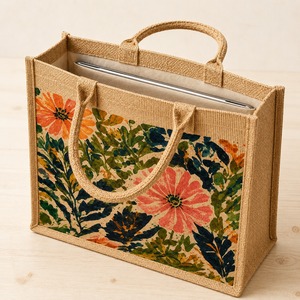Sac fourre-tout en jute de taille moyenne avec logo personnalisé, fermeture à glissière, motif floral, pour un usage quotidien et pour offrir en cadeau - Product Image 3
