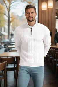 Pull en maille blanc pour homme, col montant zippé, manches longues, uni, décontracté, pour l'hiver, en acrylique anti-boulochage - Product Image 5