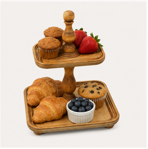 2-Tier Wooden Cake <b>Stand</b> & Square <b>Cupcake</b> Display <b>Stand</b> for Wedding Party Decor Handcrafted Farmhouse Tiered Serving Tray - Product Image 2