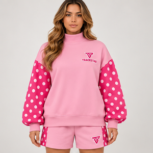 Conjunto Deportivo Casual Personalizado de 2 Piezas para Mujer, con Mangas con Estampado de Lunares Rosas y Cuello Alto Simulado - Product Image 1