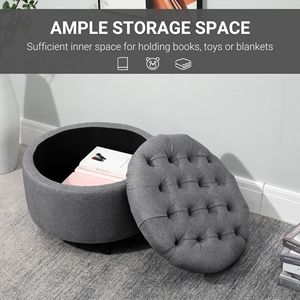 Panca Ottomana Rotonda in Lino Grigio con Bottoni Trapuntati per Soggiorno e Camera da Letto - Product Image 4