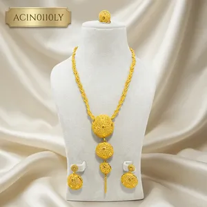 Luxury 24K Gold Plated Round Filigree Pendant <b>Necklace</b> Set for Women Dubai Style Jewelry Set with Earrings & <b>Ring</b> - Product Image 1