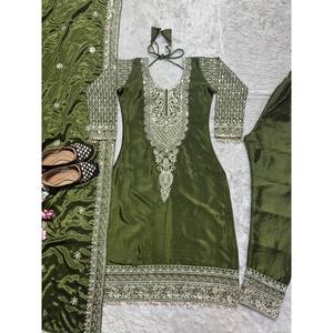 Exquisito Top Verde Satinado con Bordado de Lentejuelas, Hermoso Diseño de Pent y Dupatta, 100% Poliéster, Moda Maruti - Product Image 6