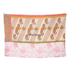 Patch Work Bedspread Bedding Indian Cotton Hand Block Kantha Quilt <b>Throw</b> Indian Reversible Hand <b>Stitched</b> Heavy <b>Throw</b> Old Sari - Product Image 1